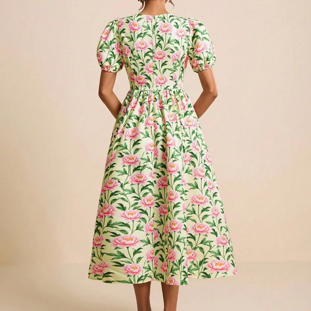 Yellow Boho Women's Floral Print Round-Neck Puff Sleeve A-Line Midi Dress